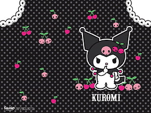 Kuromi Sanrio Character with Skull Cherries on Black Polka Dot Background HD wallpaper