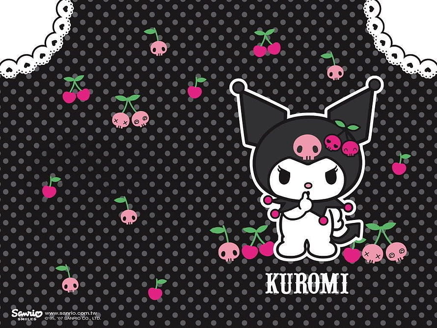 Kuromi Sanrio Character with Skull Cherries on Black Polka Dot Background HD wallpaper