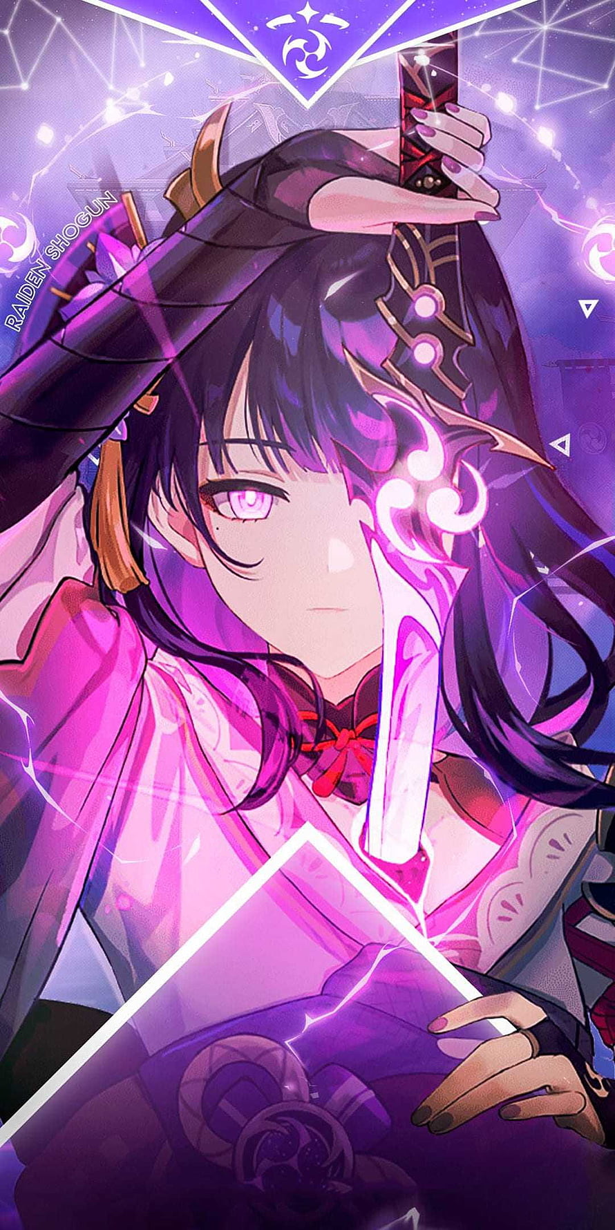 Raiden Shogun anime character holding a glowing katana with purple lightning effects and dark hair HD phone wallpaper