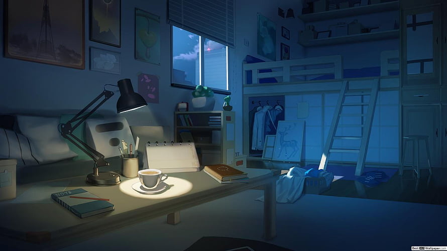 Cozy Dorm Room at Night with Desk Lamp and Coffee HD wallpaper