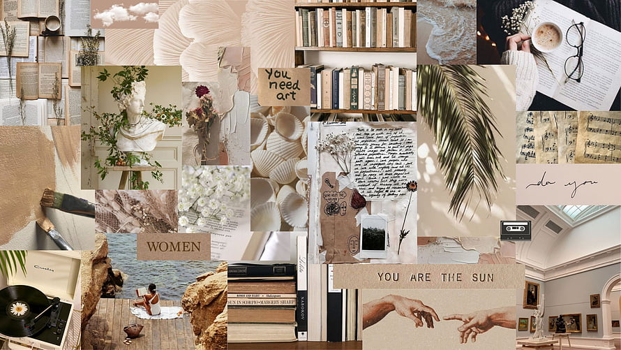 Light Academia Aesthetic Collage Featuring Vintage Books, Art, and Nature Elements HD wallpaper