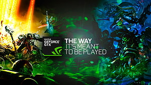 NVIDIA GeForce GTX Gaming Banner Featuring Warhammer 40K Space Marines and Orks in Epic Battle HD wallpaper