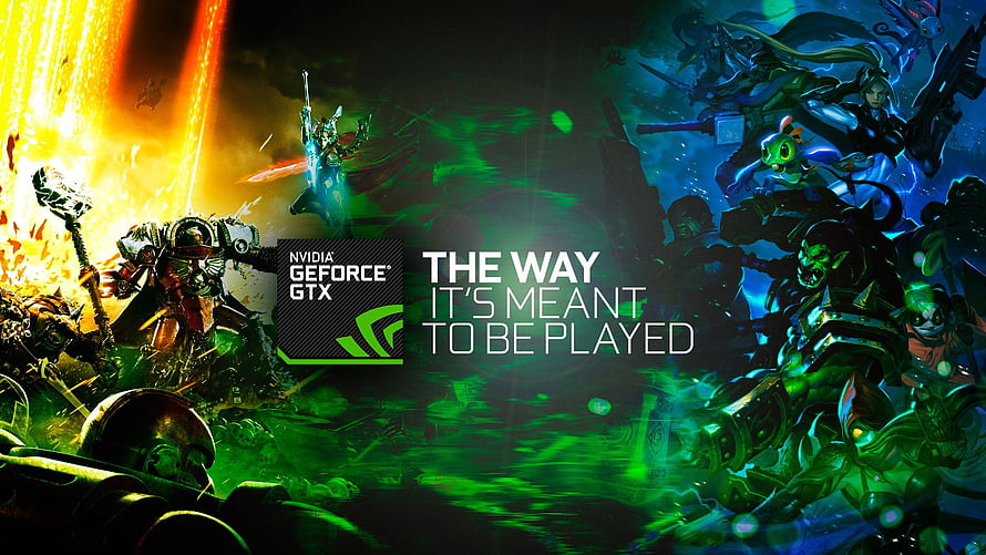 NVIDIA GeForce GTX Gaming Banner Featuring Warhammer 40K Space Marines and Orks in Epic Battle HD wallpaper
