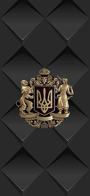 Ukrainian National Emblem with Golden Tridents and Lion on Dark Geometric Background HD phone wallpaper