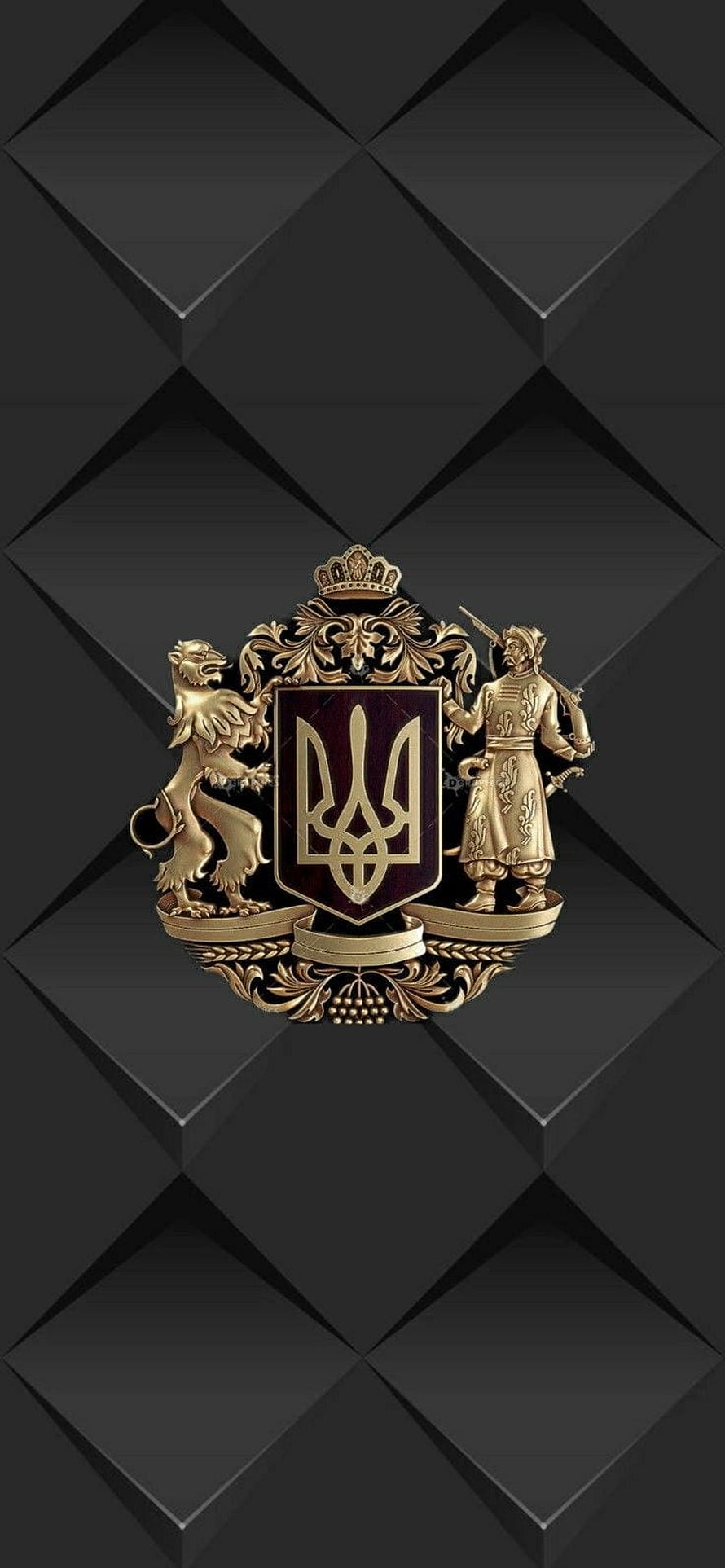 Ukrainian National Emblem with Golden Tridents and Lion on Dark Geometric Background HD phone wallpaper