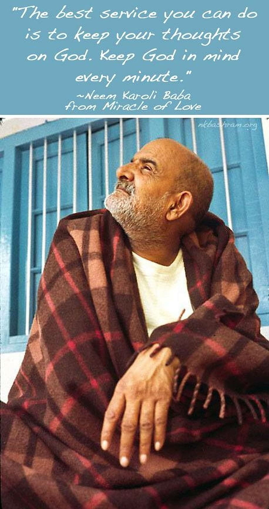 Neem Karoli Baba Spiritual Portrait Wrapped in Plaid Shawl with Inspirational Quote HD phone wallpaper