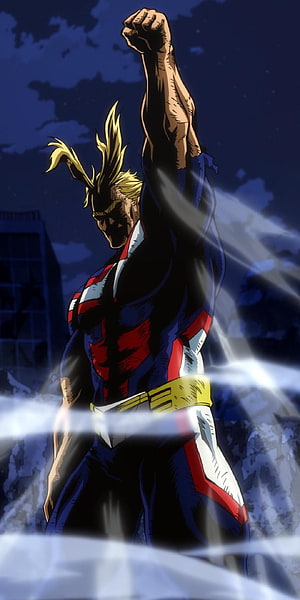 All Might Heroic Fist Raised in Dramatic Anime Action Scene HD phone wallpaper