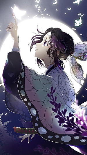 Shinobu Kocho from Demon Slayer Reaching for a Glowing Butterfly Under a Full Moon HD phone wallpaper