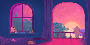 Ketnipz in a Dreamy Bedroom with Arched Windows and Vibrant Sunset View HD wallpaper