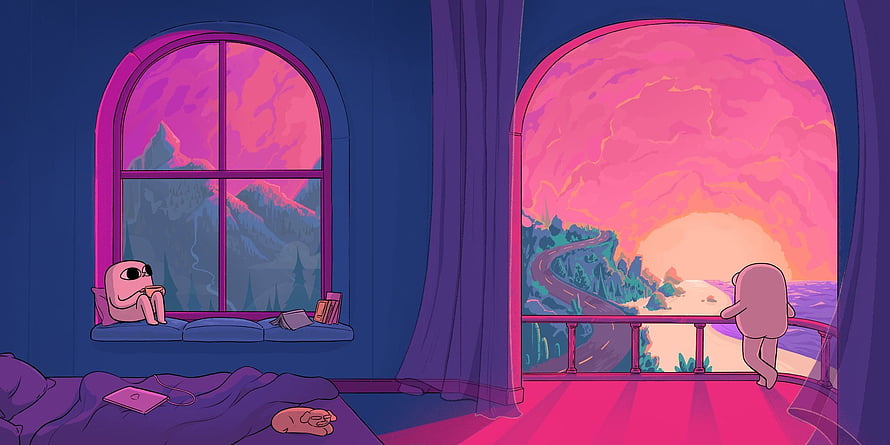Ketnipz in a Dreamy Bedroom with Arched Windows and Vibrant Sunset View HD wallpaper