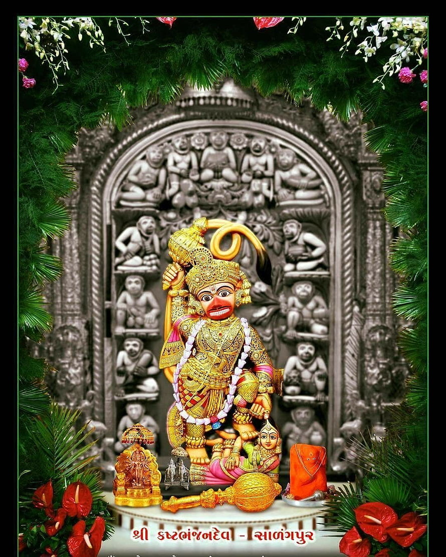Sarangpur Hanuman Temple Deity with Golden Mace and Sacred Offerings, Hanuman, sarangpur HD phone wallpaper