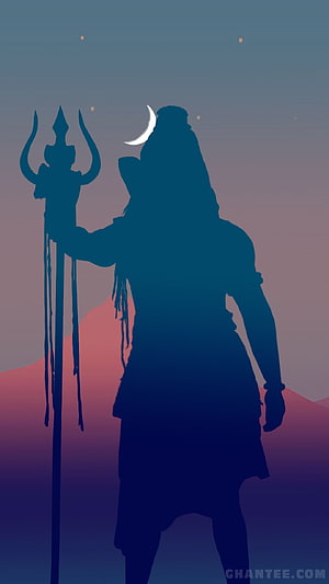 Lord Shiva Silhouette Holding Trishula Staff Against Twilight Sky With Crescent Moon HD phone wallpaper