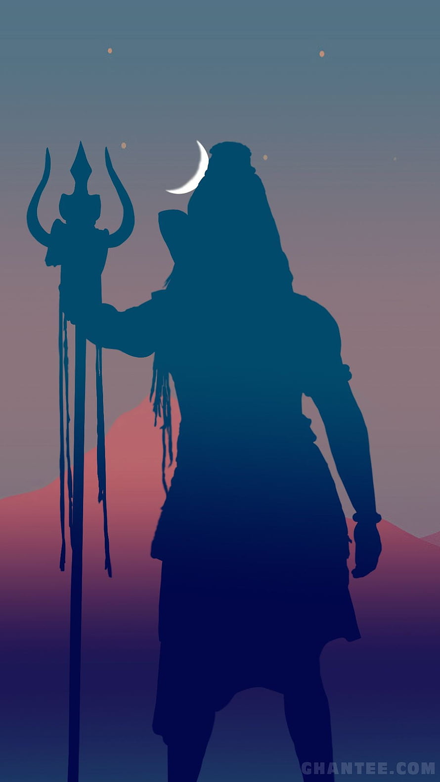 Lord Shiva Silhouette Holding Trishula Staff Against Twilight Sky With Crescent Moon HD phone wallpaper