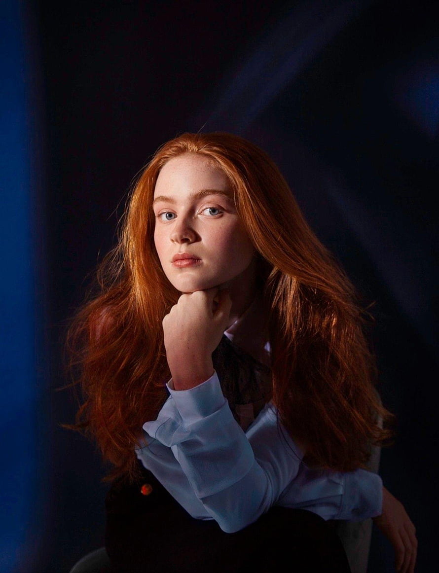 Sadie Sink Portrait in Dramatic Blue Lighting with Long Red Hair HD phone wallpaper
