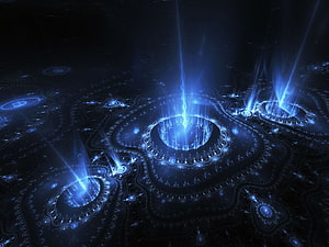 Glowing Blue Fractal Portal with Electric Energy Beams in Dark Void HD wallpaper