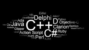 Programming Language Word Cloud Featuring C++ Java Python Ruby and Delphi on Black Background HD wallpaper