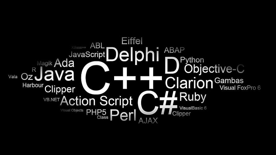 Programming Language Word Cloud Featuring C++ Java Python Ruby and Delphi on Black Background HD wallpaper