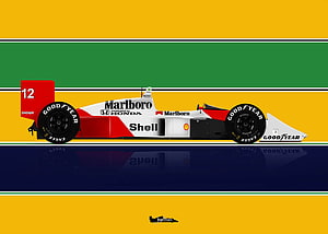 McLaren MP4/4 Formula 1 Car with Marlboro and Shell Livery on Striped Background HD wallpaper