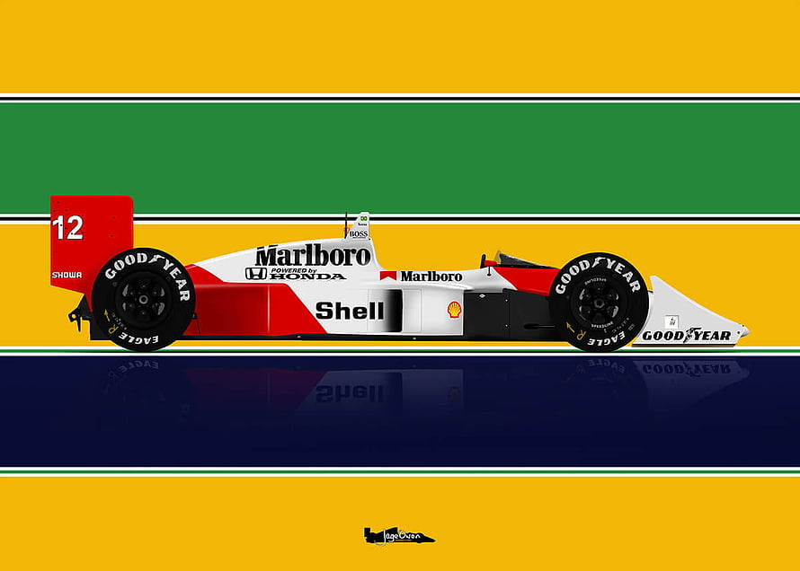 McLaren MP4/4 Formula 1 Car with Marlboro and Shell Livery on Striped Background HD wallpaper