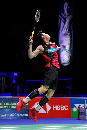Lee Zii Jia mid-air smash during professional badminton tournament HD phone wallpaper