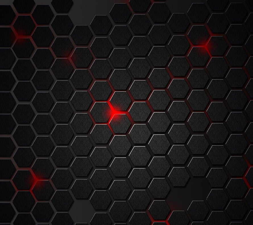 Dark Hexagonal Honeycomb Pattern with Red Glowing Accents and Carbon Fiber Texture HD wallpaper