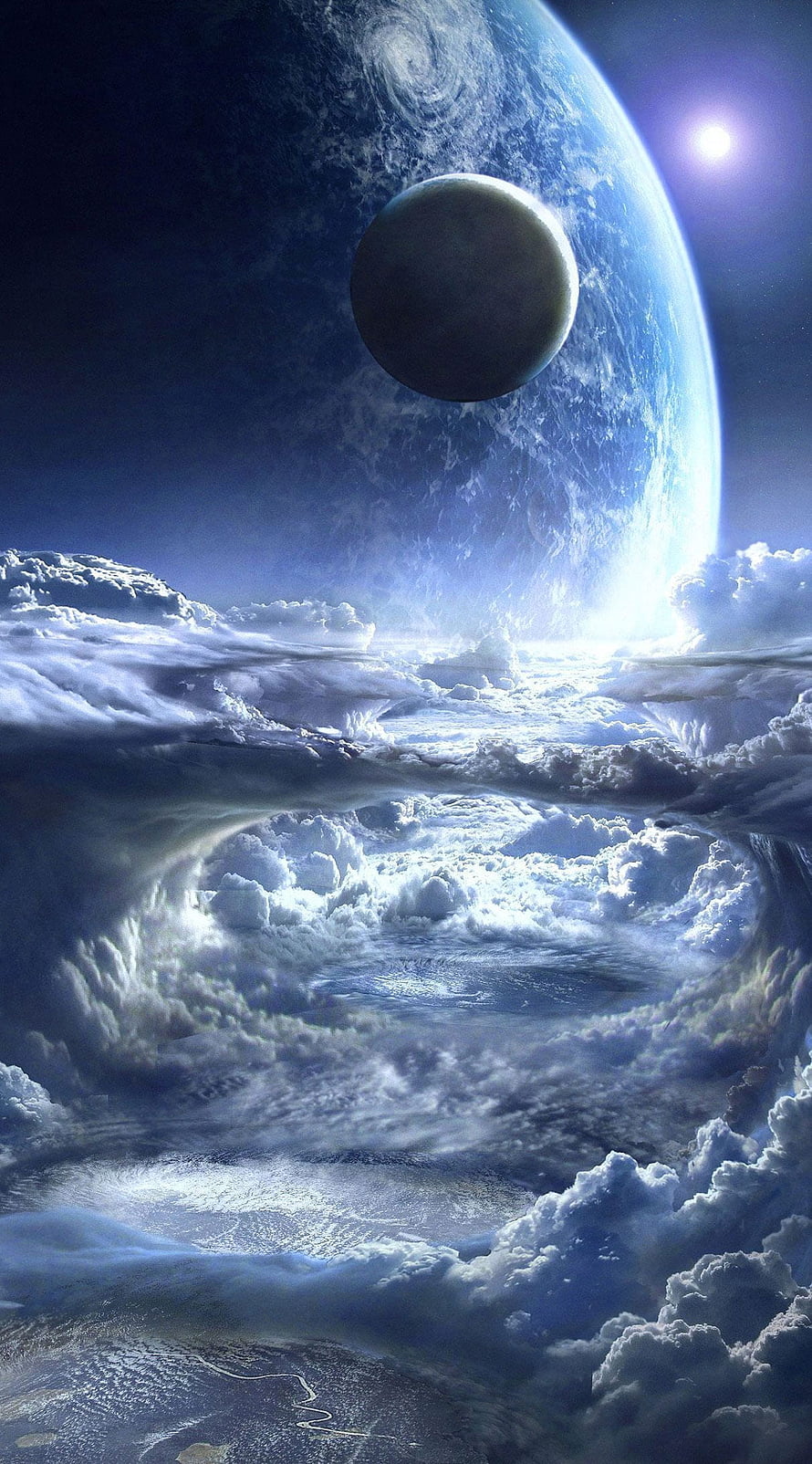 Surreal Sci-Fi Landscape With Giant Planet, Moon, and Swirling Clouds HD phone wallpaper