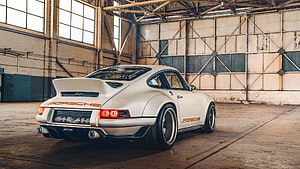 Singer Porsche 911 DLS Widebody in White Parked Inside an Industrial Warehouse HD wallpaper