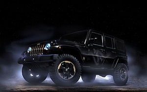 Black Jeep Wrangler with Gold Accents in Dramatic Night Setting HD wallpaper