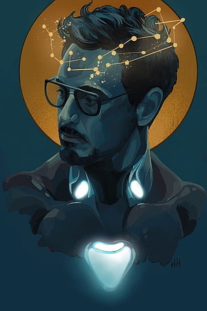 Tony Stark Digital Portrait with Glowing Arc Reactor and Constellation Overlay HD phone wallpaper