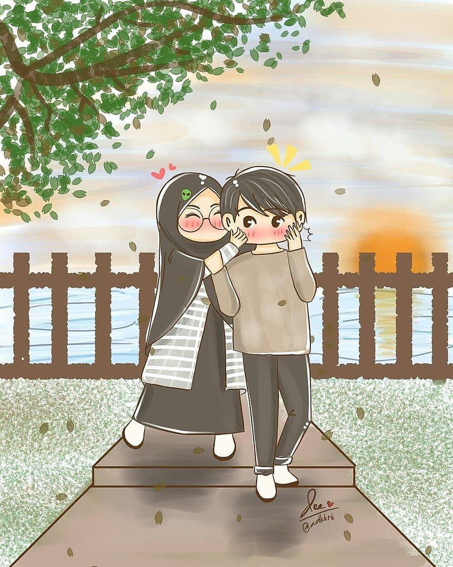 Cute Muslim Couple Cartoon Illustration of a Hijabi Woman and Man Sharing a Tender Moment by a Lakeside Fence HD phone wallpaper