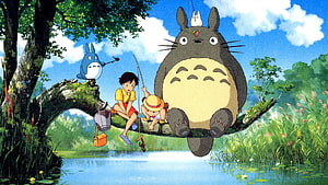 Totoro and Satsuki Fishing on a Tree Branch in a Lush Forest HD wallpaper