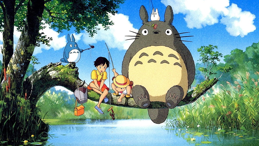 Totoro and Satsuki Fishing on a Tree Branch in a Lush Forest HD wallpaper