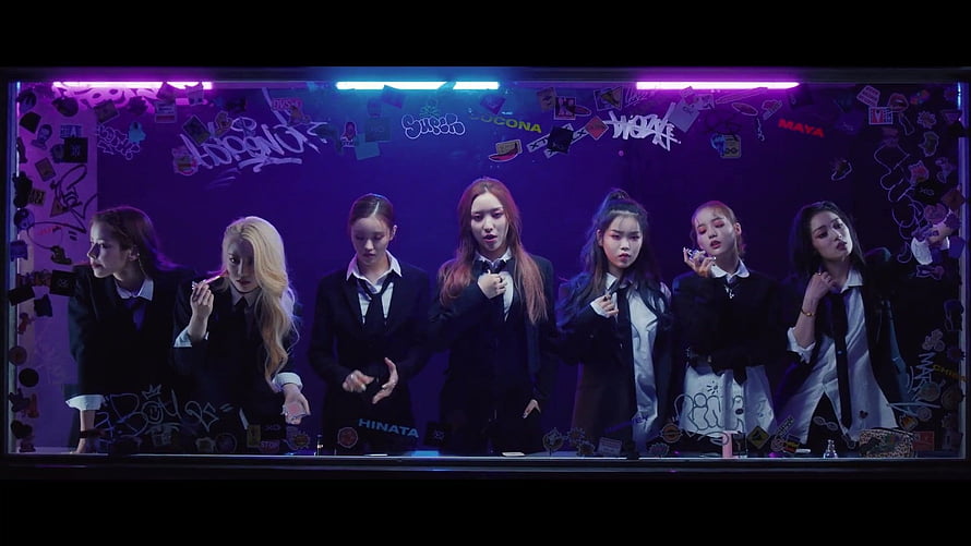 XG K-Pop Group in Black Suits Against Neon Purple Graffiti Wall HD wallpaper