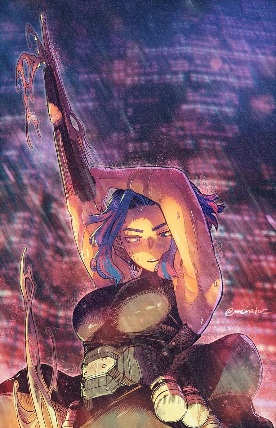 Lady Nagant from My Hero Academia in a dramatic action pose with a rifle under neon city lights HD phone wallpaper