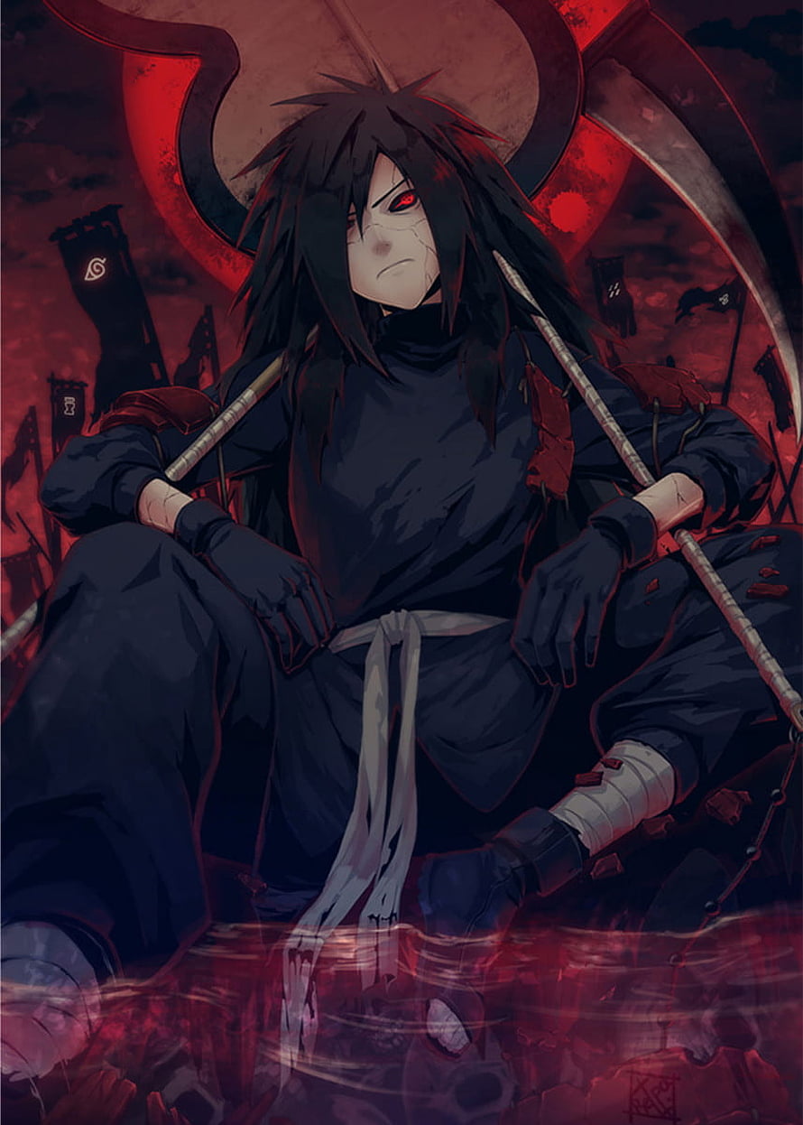 Madara Uchiha in Akatsuki Robe Seated Before a Crimson Moon and War Banners HD phone wallpaper