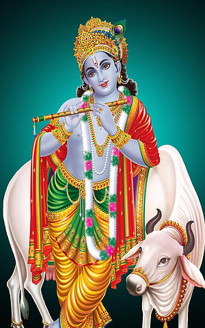 Lord Krishna Playing Flute with White Cow in Traditional Indian Art HD phone wallpaper