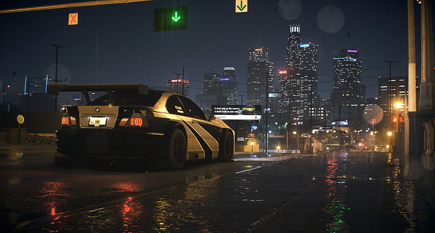 BMW M3 GTR on a Rainy Night Street in Need for Speed Cityscape HD wallpaper