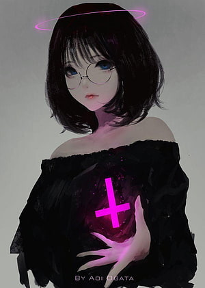 Anime Girl with Glowing Halo and Cross in Black Off-Shoulder Dress HD phone wallpaper