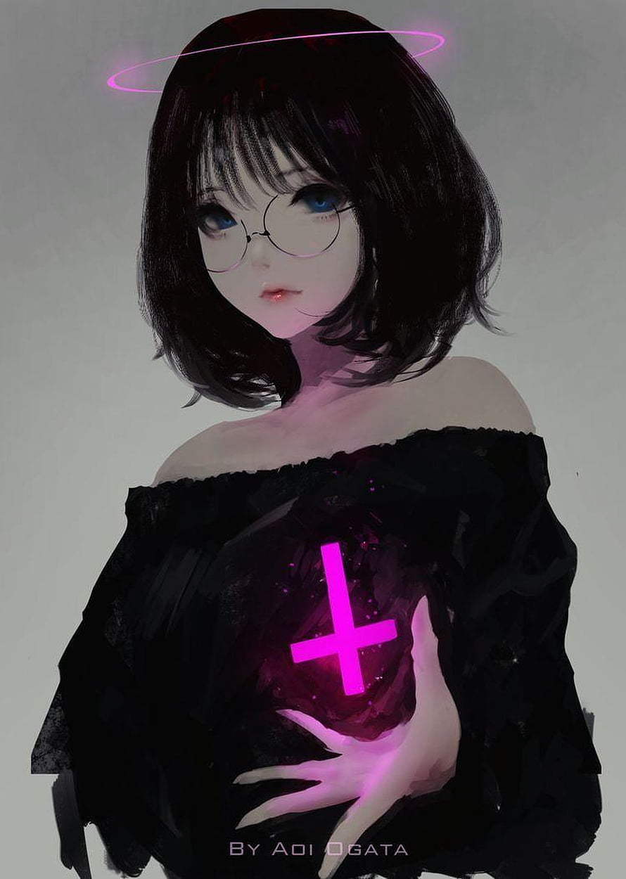 Anime Girl with Glowing Halo and Cross in Black Off-Shoulder Dress HD phone wallpaper
