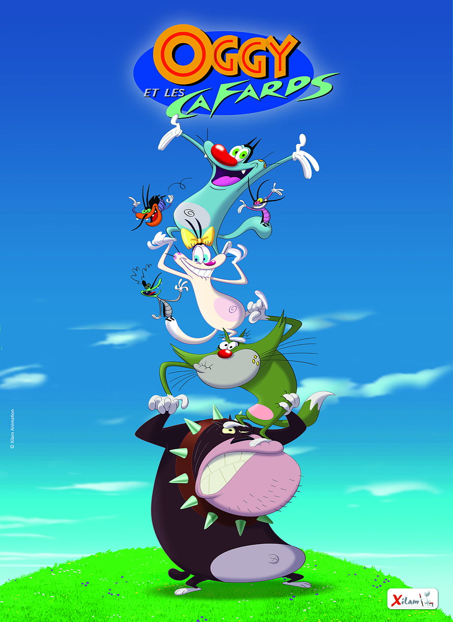 Oggy and the Cockroaches Cartoon Characters Stacked on a Grass Hill HD phone wallpaper