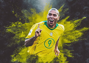 Ronaldo Nazario in Brazil National Team Kit with Number 9 and Yellow Powder Explosion HD wallpaper