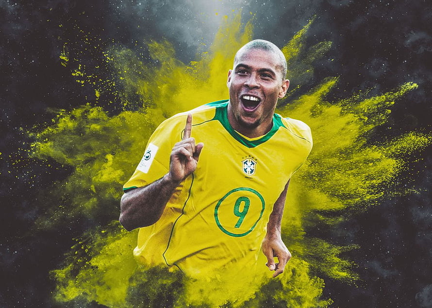 Ronaldo Nazario in Brazil National Team Kit with Number 9 and Yellow Powder Explosion HD wallpaper
