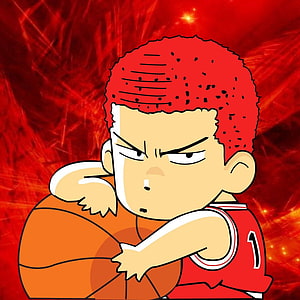 Sakuragi Hanamichi from Slam Dunk in a red jersey holding a basketball with an intense expression HD phone wallpaper
