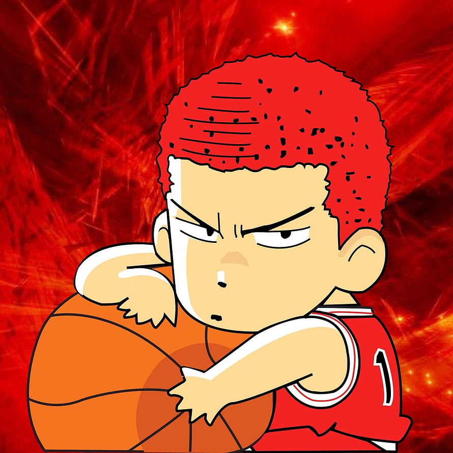 Sakuragi Hanamichi from Slam Dunk in a red jersey holding a basketball with an intense expression HD phone wallpaper
