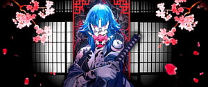 Blue-Haired Demon Samurai with Katana and Cherry Blossoms HD wallpaper