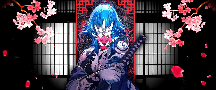 Blue-Haired Demon Samurai with Katana and Cherry Blossoms HD wallpaper