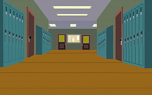 South Park Elementary School Hallway with Teal Lockers and Wooden Floor HD wallpaper
