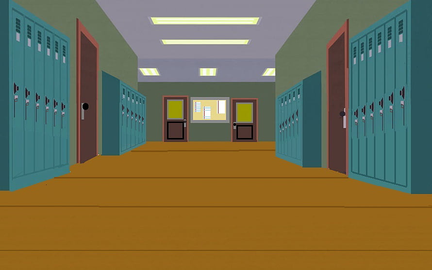 South Park Elementary School Hallway with Teal Lockers and Wooden Floor HD wallpaper