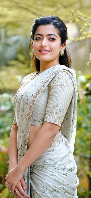 Rashmika Mandanna in an elegant cream embroidered sari with floral motifs and gold jewelry HD phone wallpaper