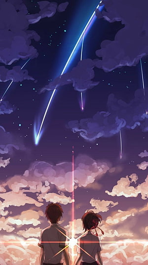 Two Anime Characters Gazing at a Meteor Shower Over a Dreamy Twilight Sky HD phone wallpaper